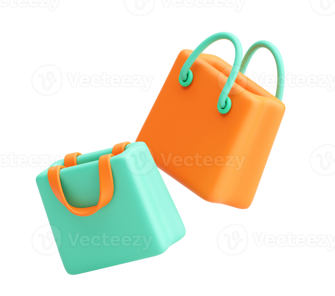 3D Render of Dynamic Pastel Shopping Bags Mint Green and Orange on Transparent Background png