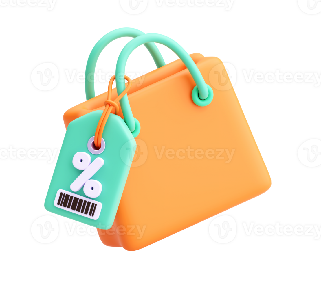 3D Shopping Bag with Discount Tag for E-Commerce and Promotions on Transparent Background png
