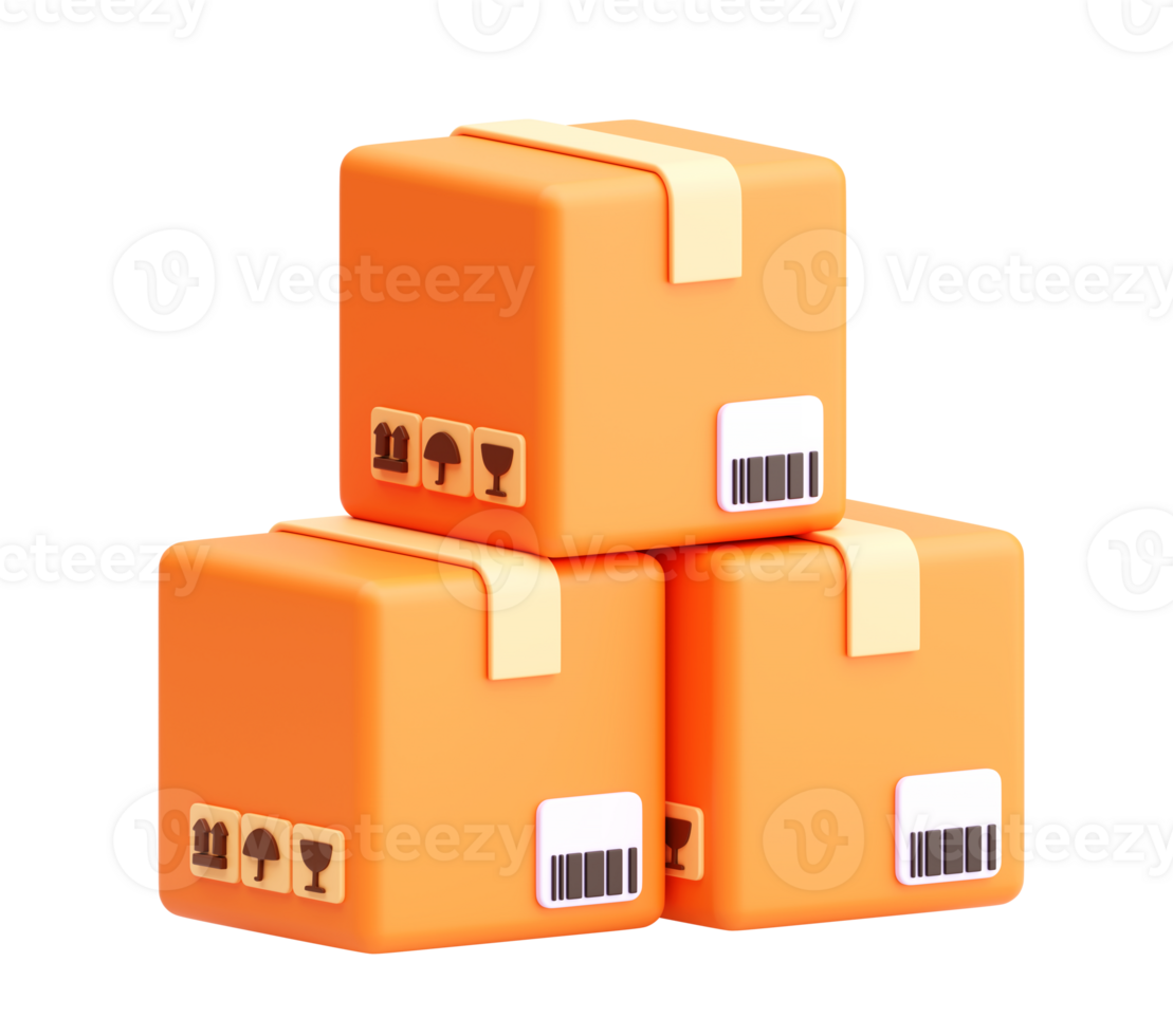 3D Stack of Parcel Boxes with Barcodes and Handling Symbols on Transparent Background png
