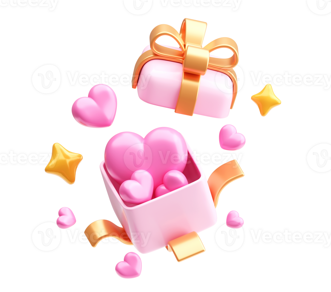 3D Render of Pink Gift Box with Hearts and Stars on Transparent Background png