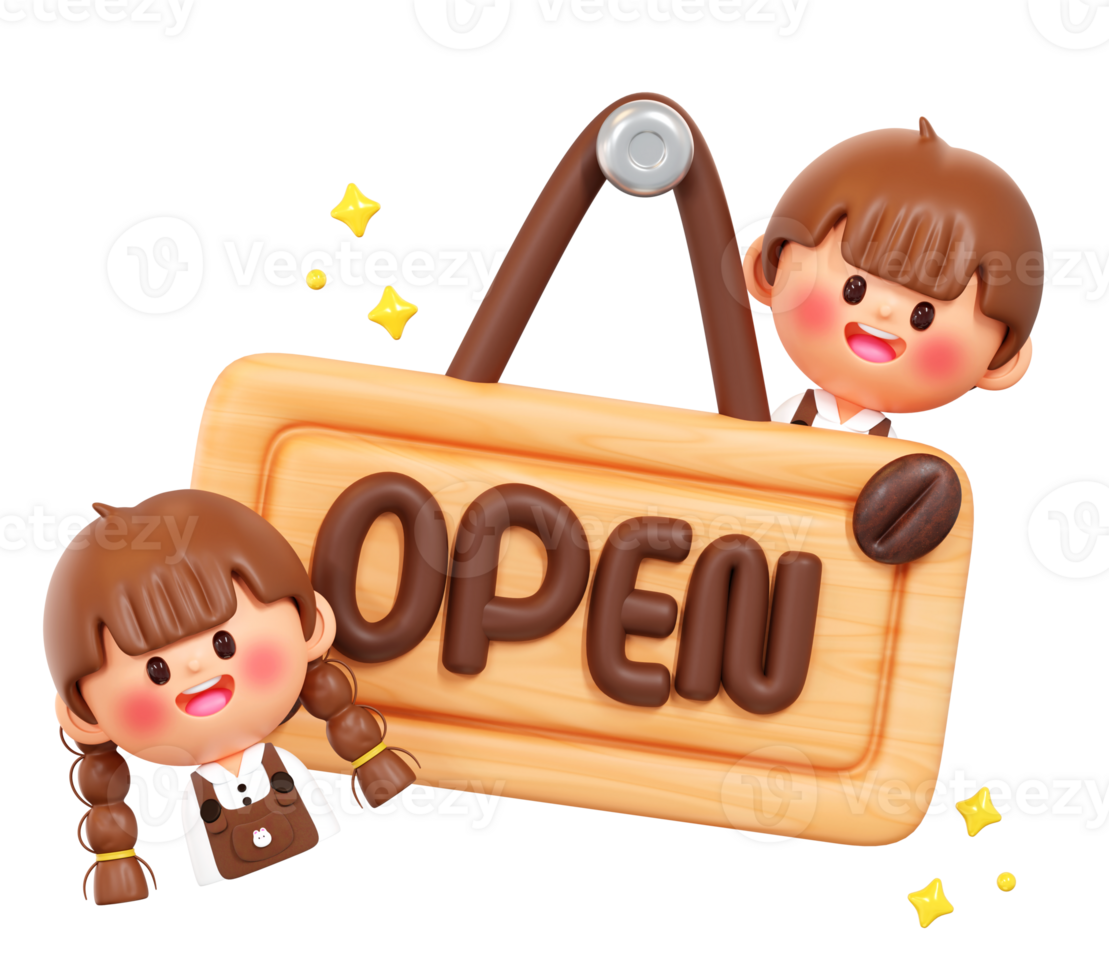 3D Open Signboard with Cute Boy and Girl Characters, Transparent Background png