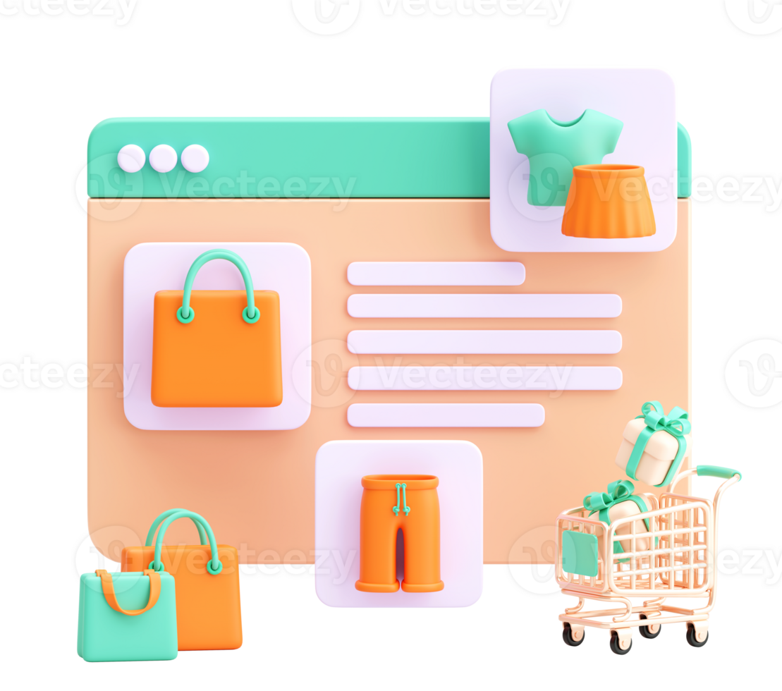 3D Render of E-commerce Website Interface with Shopping Elements on Transparent Background png