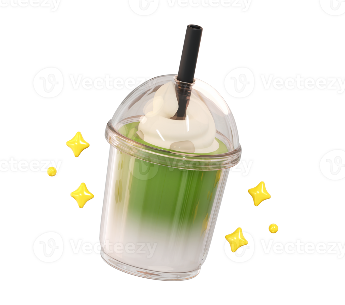 3D Green Tea Drink with Whipped Cream and Sparkles, Transparent Background png