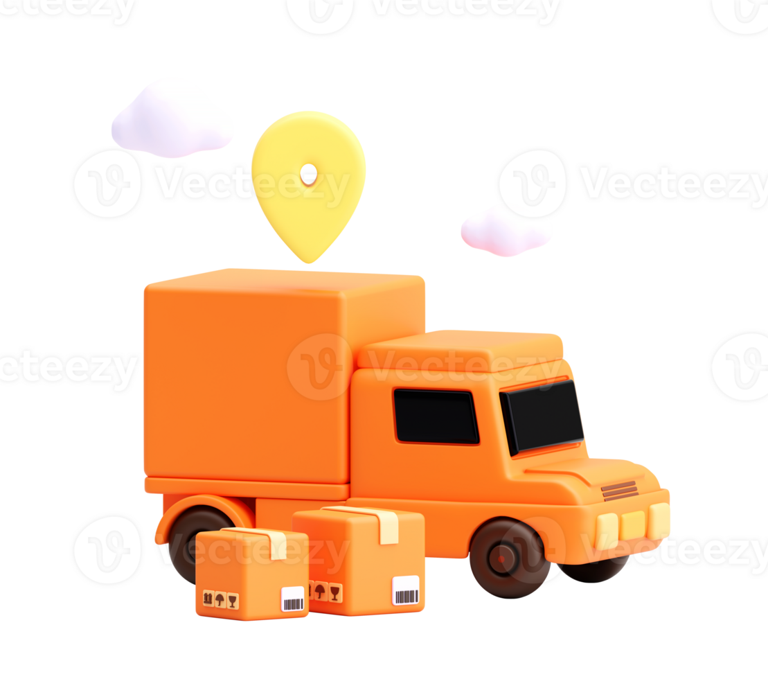 3D Render of Orange Delivery Truck with Parcels and Map Pin on Transparent Background png