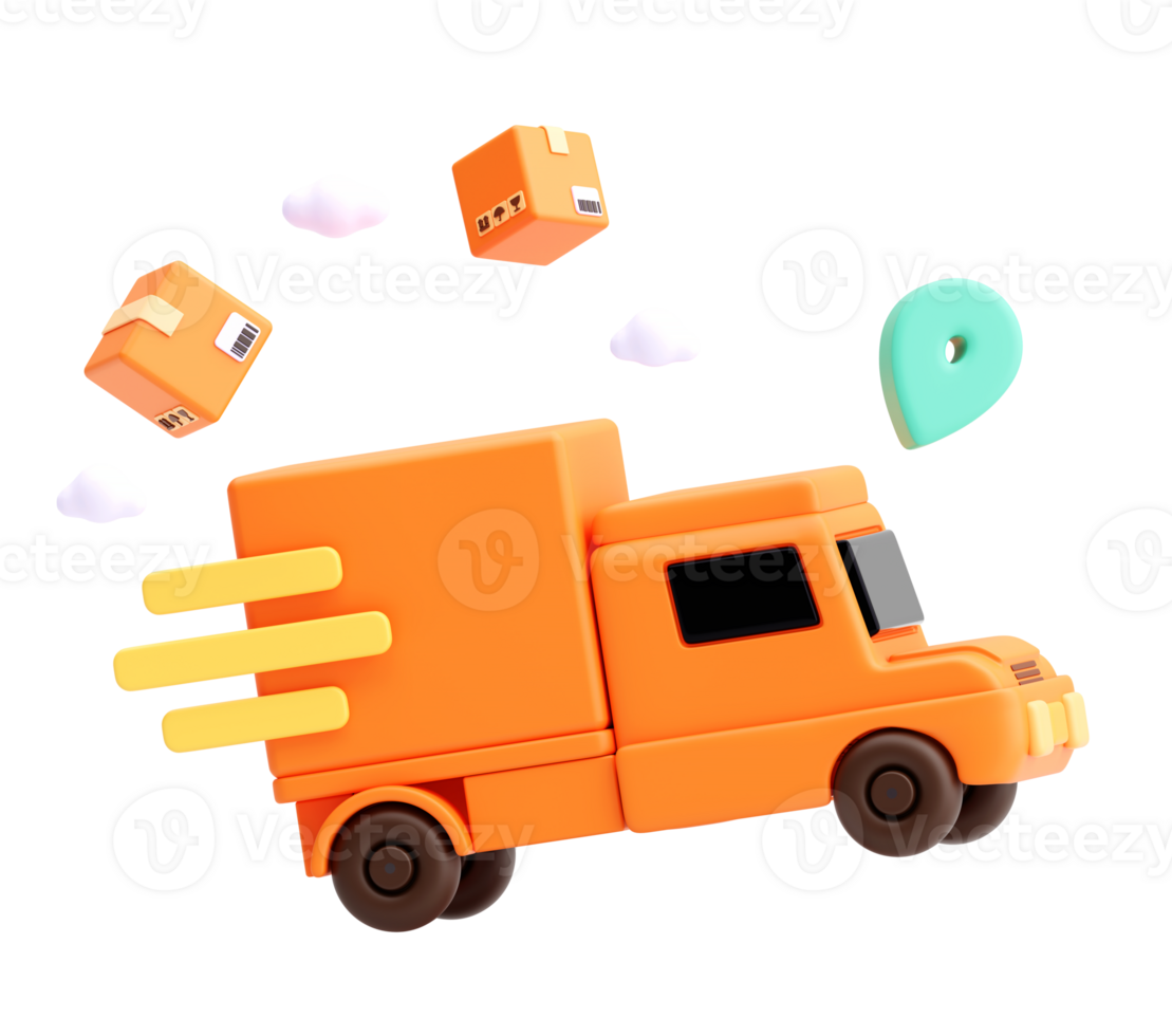 3D Render of Express Delivery Truck with Floating Parcels on Transparent Background png
