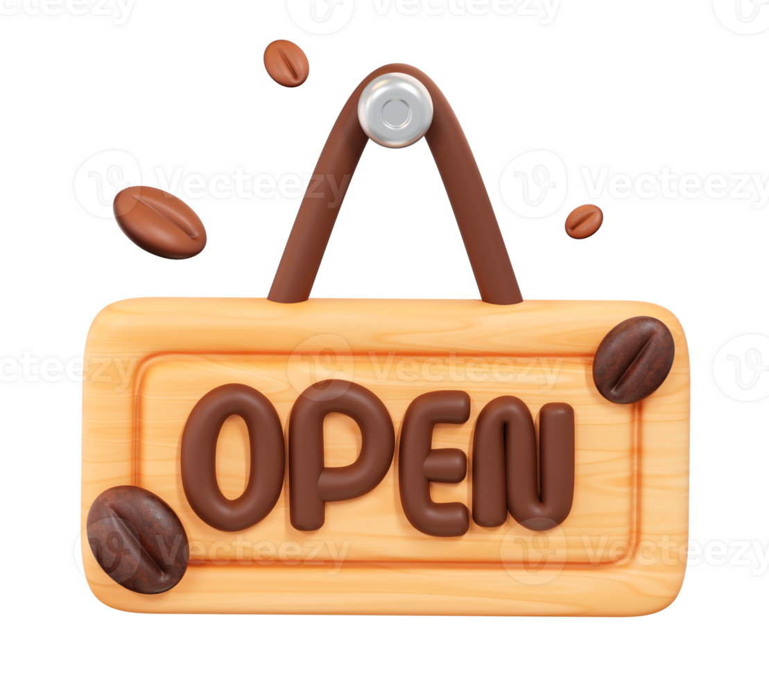 3D Coffee Shop Open Sign with Floating Coffee Beans, Transparent Background png