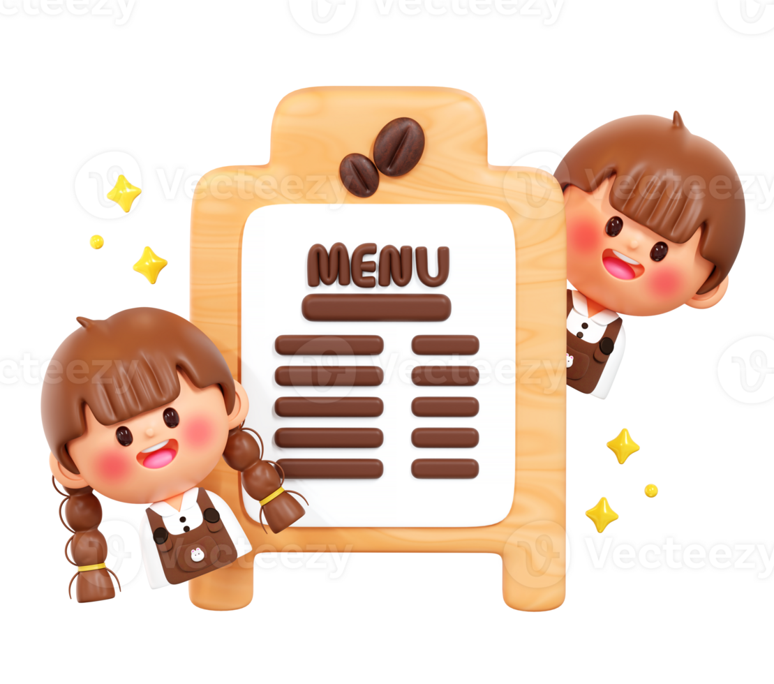 3D Coffee Shop Menu Board with Cute Boy and Girl Characters, Transparent Background png