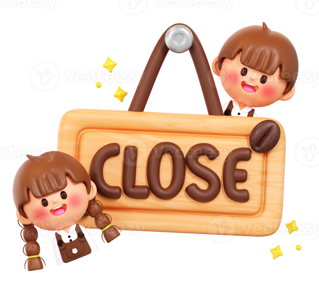 3D Close Signboard with Cute Boy and Girl Characters, Transparent Background png