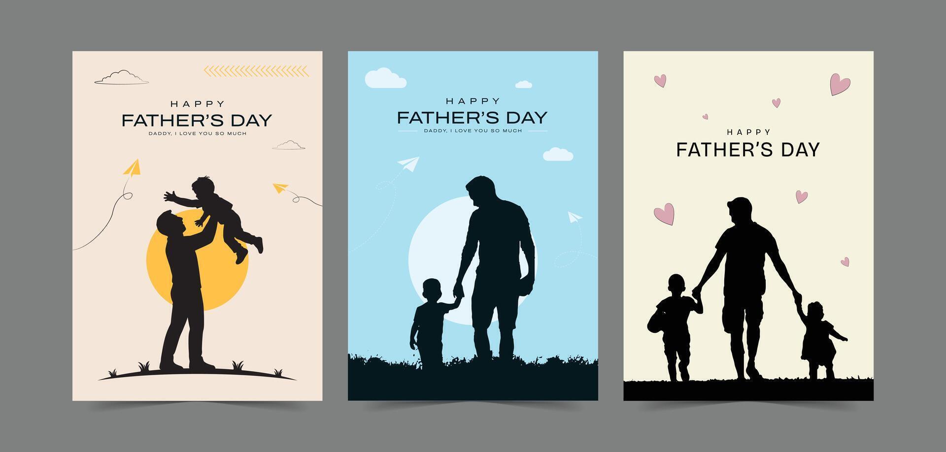 Happy Father's Day with dad and children silhouettes. Set of greeting cards with a nice message of Father's Day vector