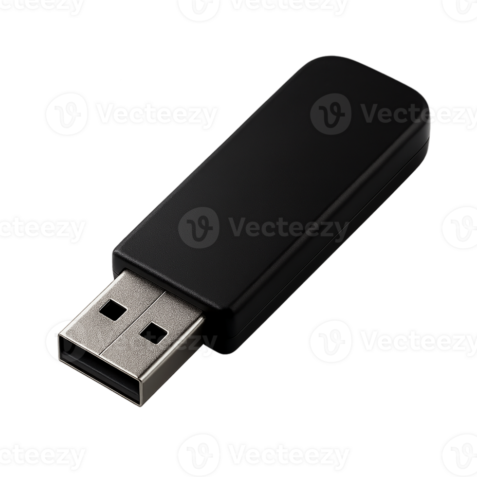 Black USB flash drive isolated on transparent background, portable data storage device for digital use png
