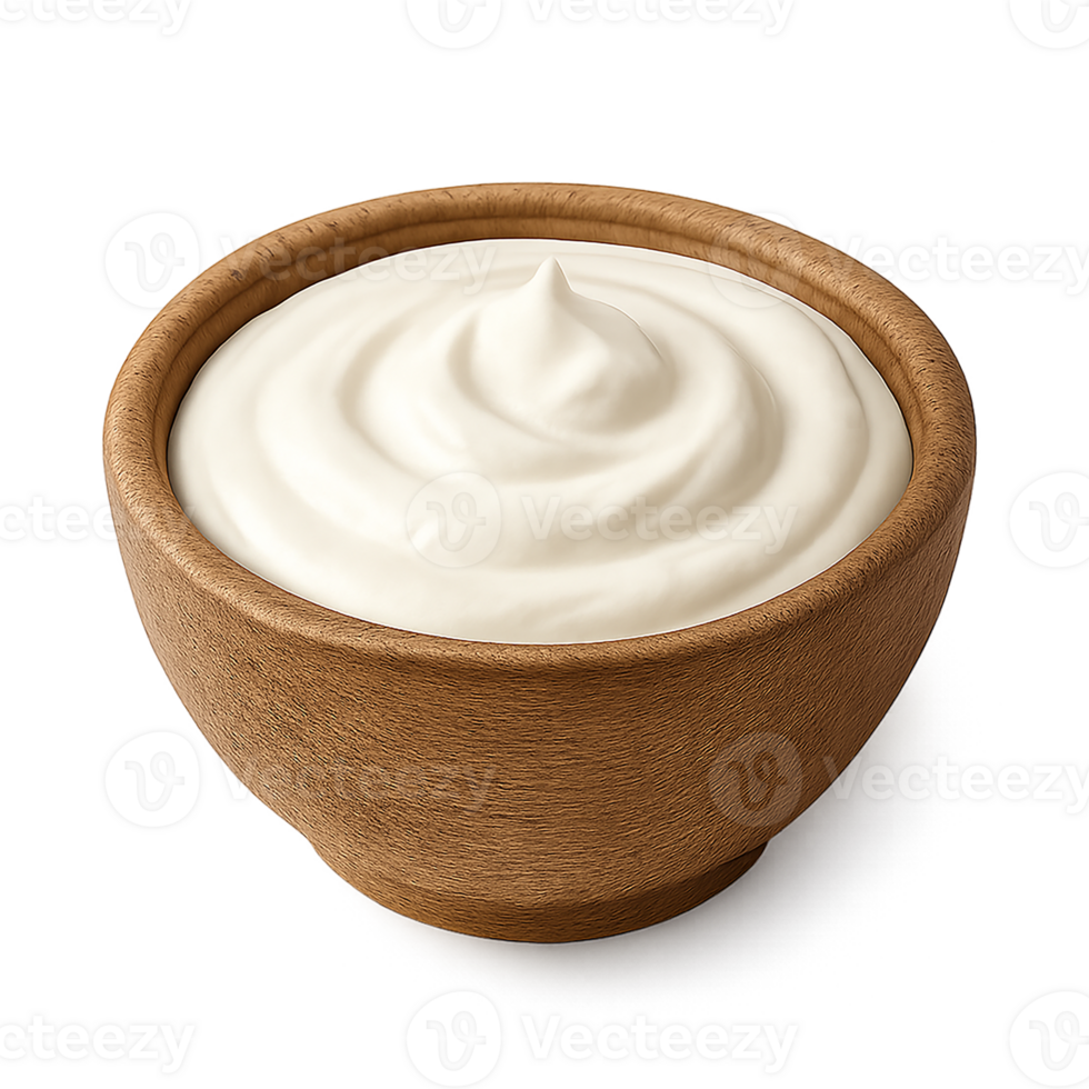 Creamy yogurt in wooden bowl on transparent background, healthy dairy product for breakfast or snack png