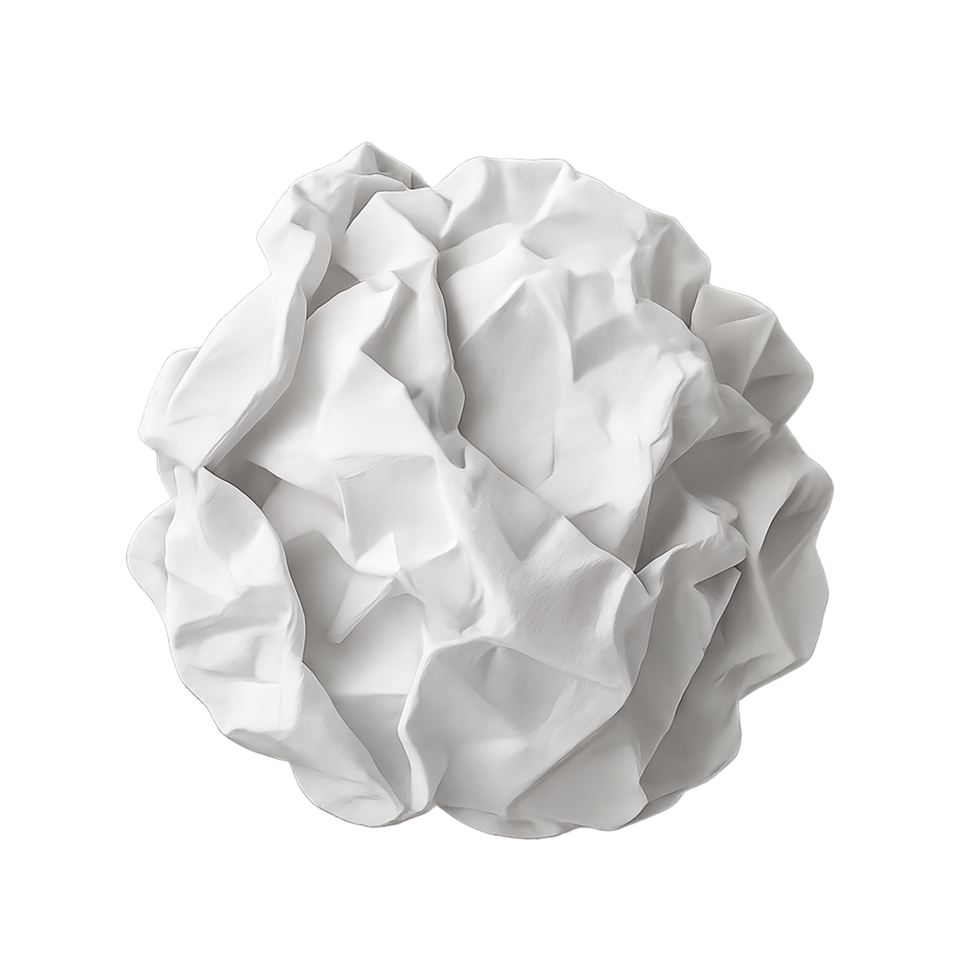Crumpled white paper ball isolated on transparent background, trash or idea rejection concept png