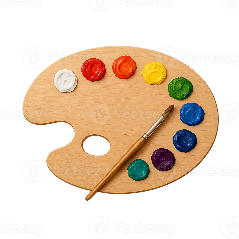 A Wooden artist palette with colorful paint and brush isolated on transparent background png