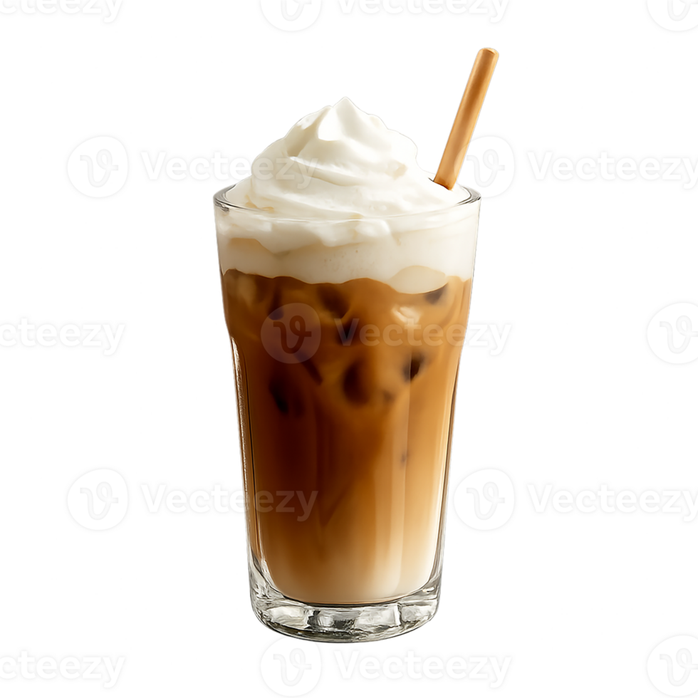 Glass of iced coffee with whipped cream and straw isolated on transparent background, refreshing summer beverage png