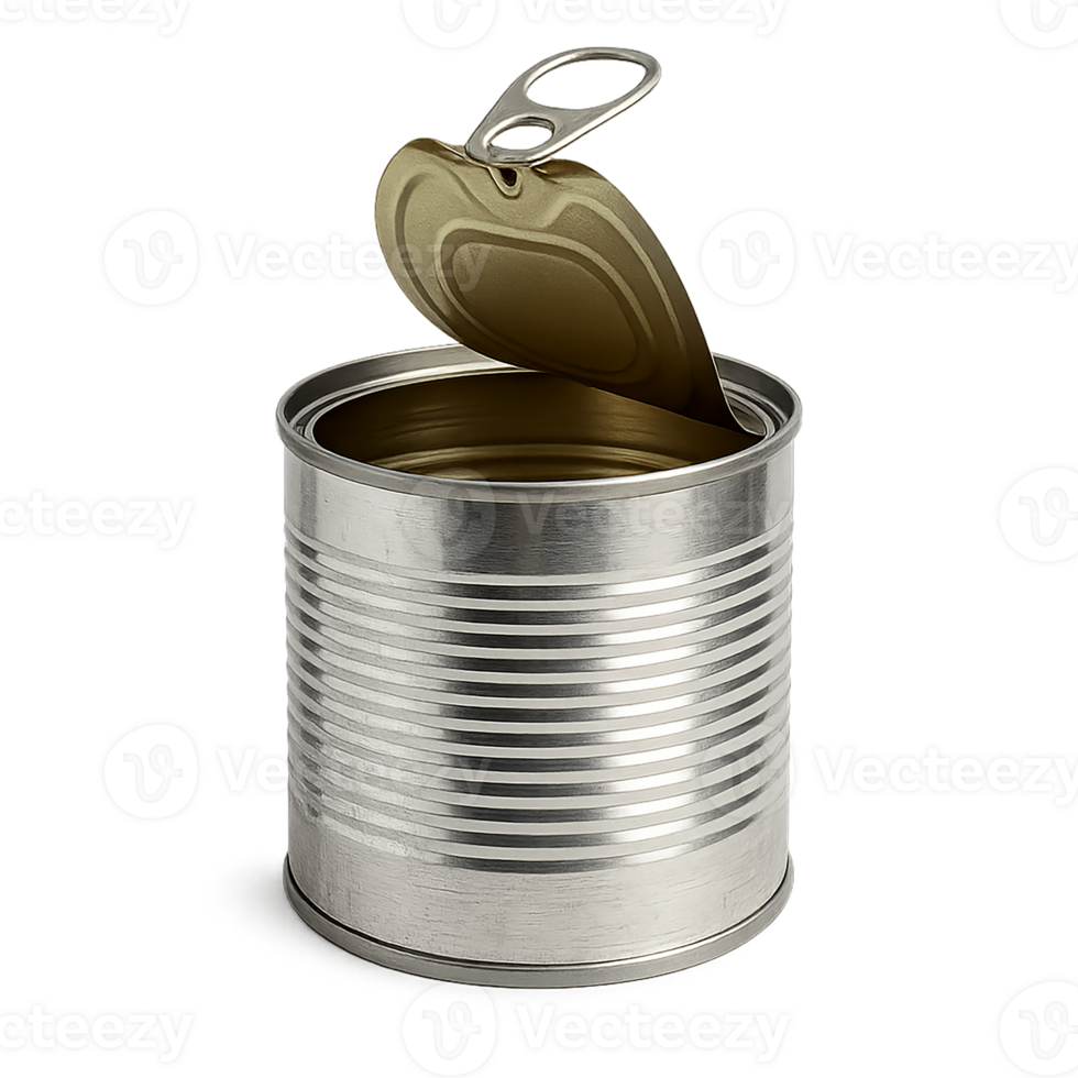 Open tin can isolated on transparent background, metal food container for canned goods and packaging concepts png