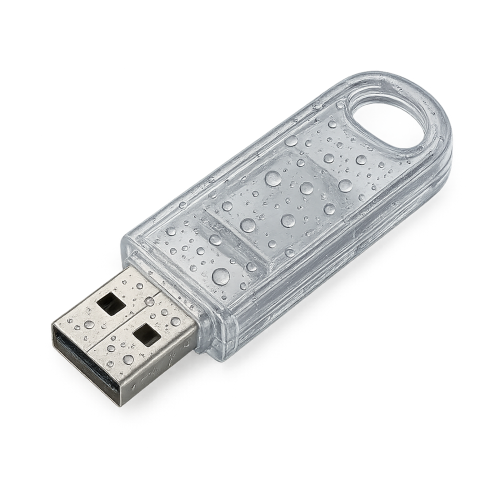 Transparent USB flash drive isolated on transparent background, data storage and tech accessory png