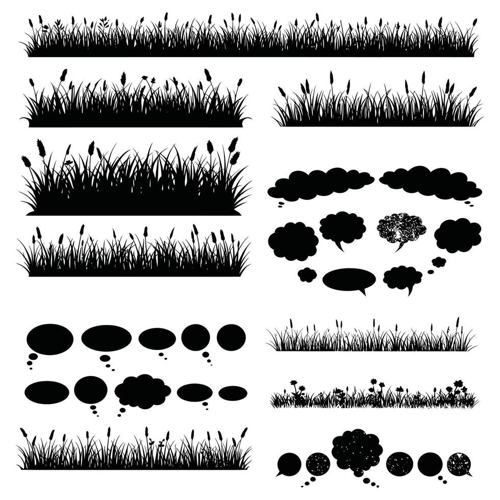 Silhouettes of Grass and Clouds on White Background vector