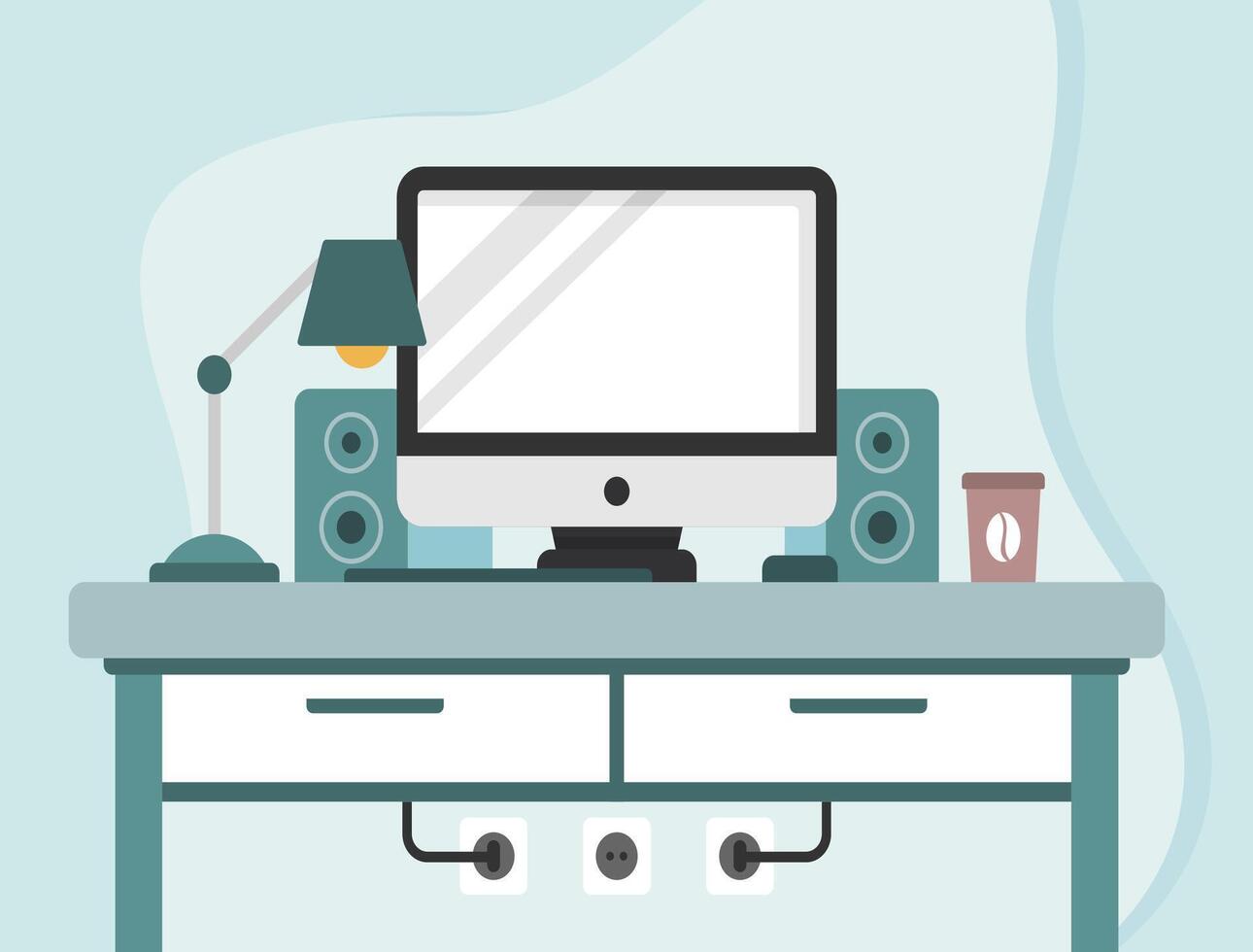 Flat Minimalist Desk Workspace with Computer and Speakers Illustration vector