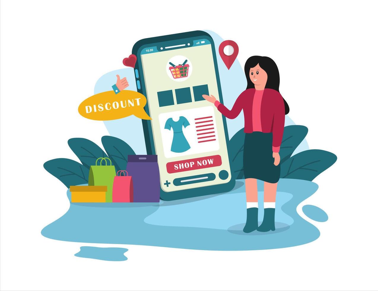 Woman shopping for a discount on online Store. E commerce flat illustration design vector
