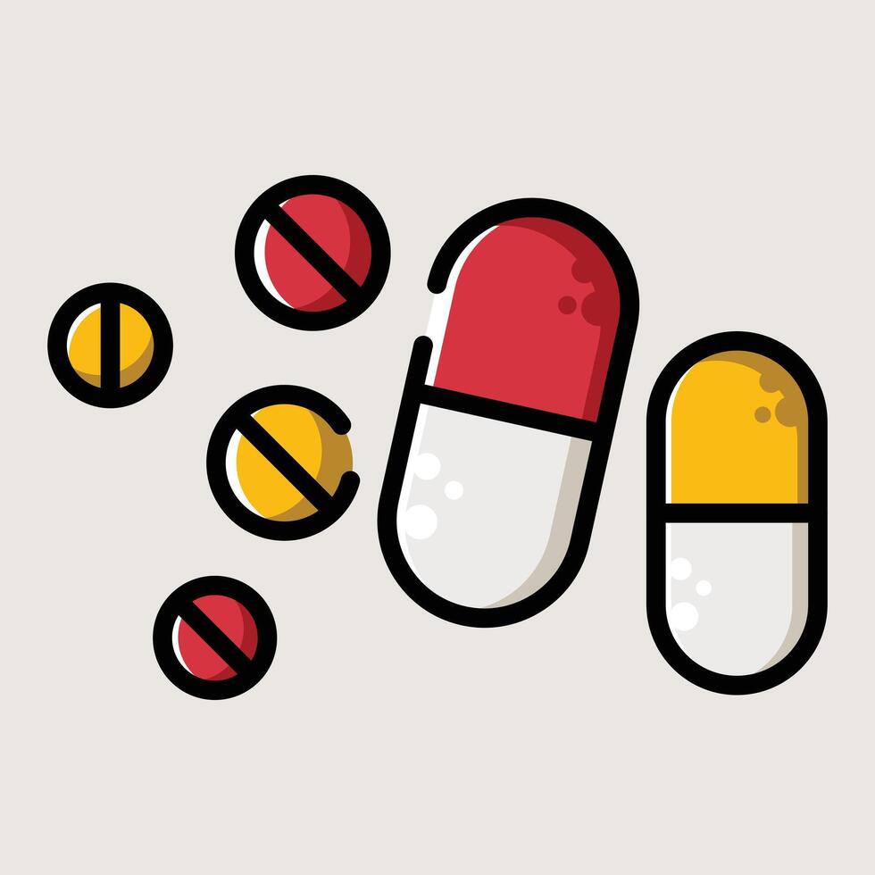 Mixed Capsules and Tablets in Flat Cartoon Medical Illustration vector