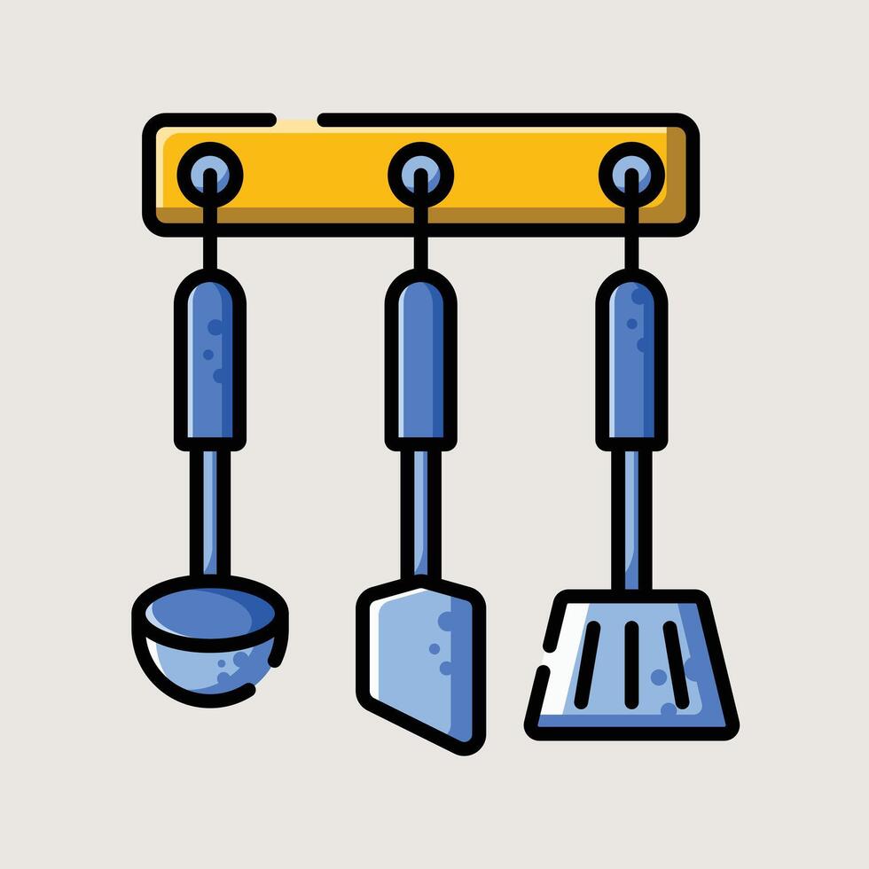 Hanging Set of Kitchen Utensils Including Spoon, Turner, and Spatula in Flat Design vector