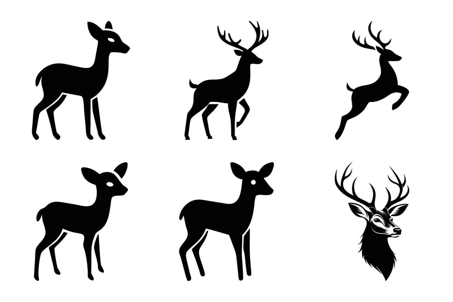 Six Black Deer Silhouettes Fawn, Doe, Buck and Jumping Deer vector