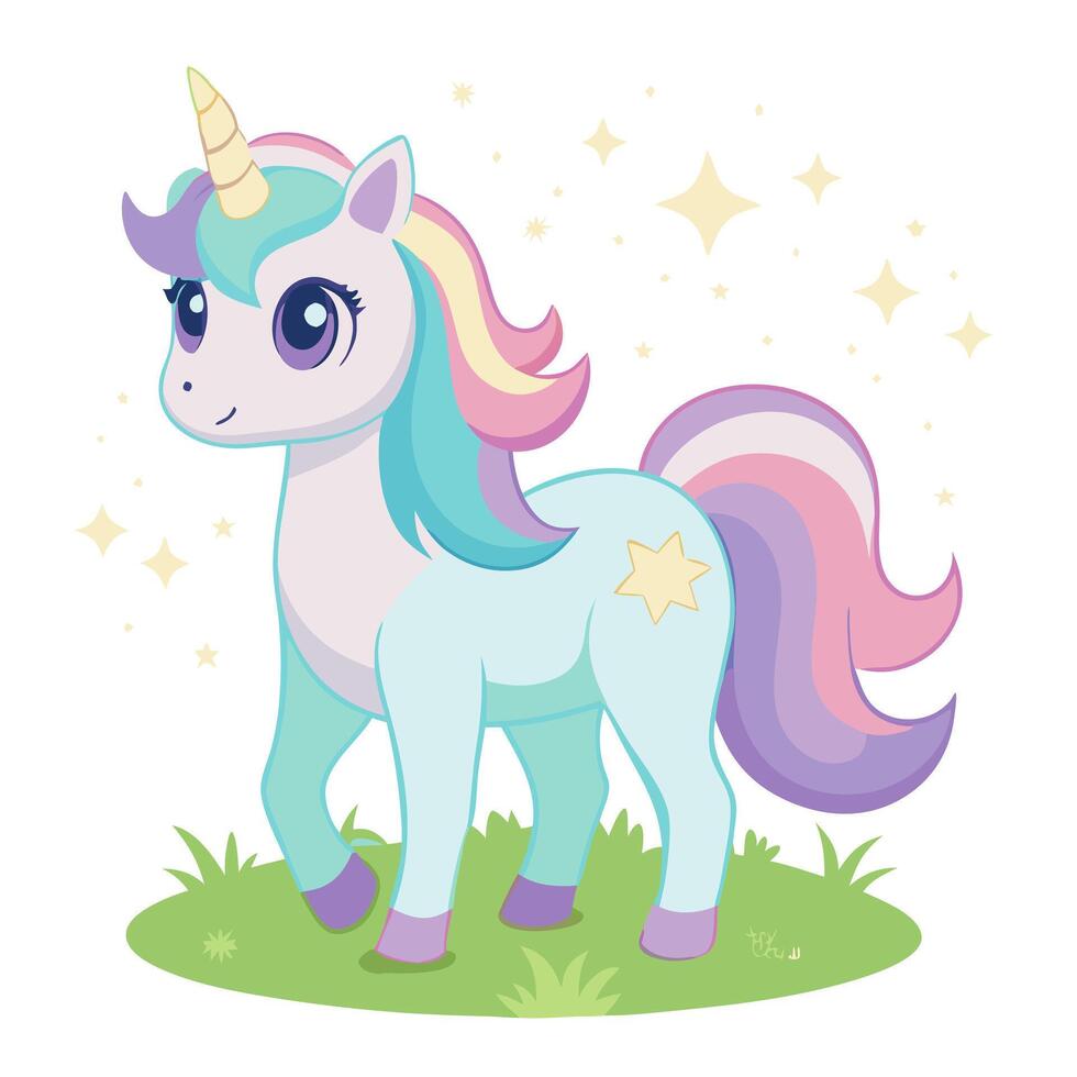Cute Cartoon Unicorn with Rainbow Mane and Sparkles vector