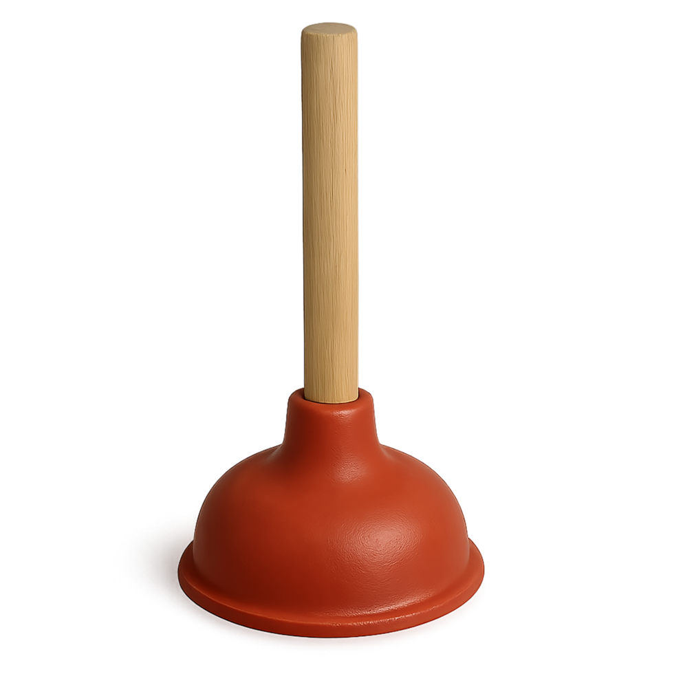 A red plastic toilet brush holder with a wooden handle png