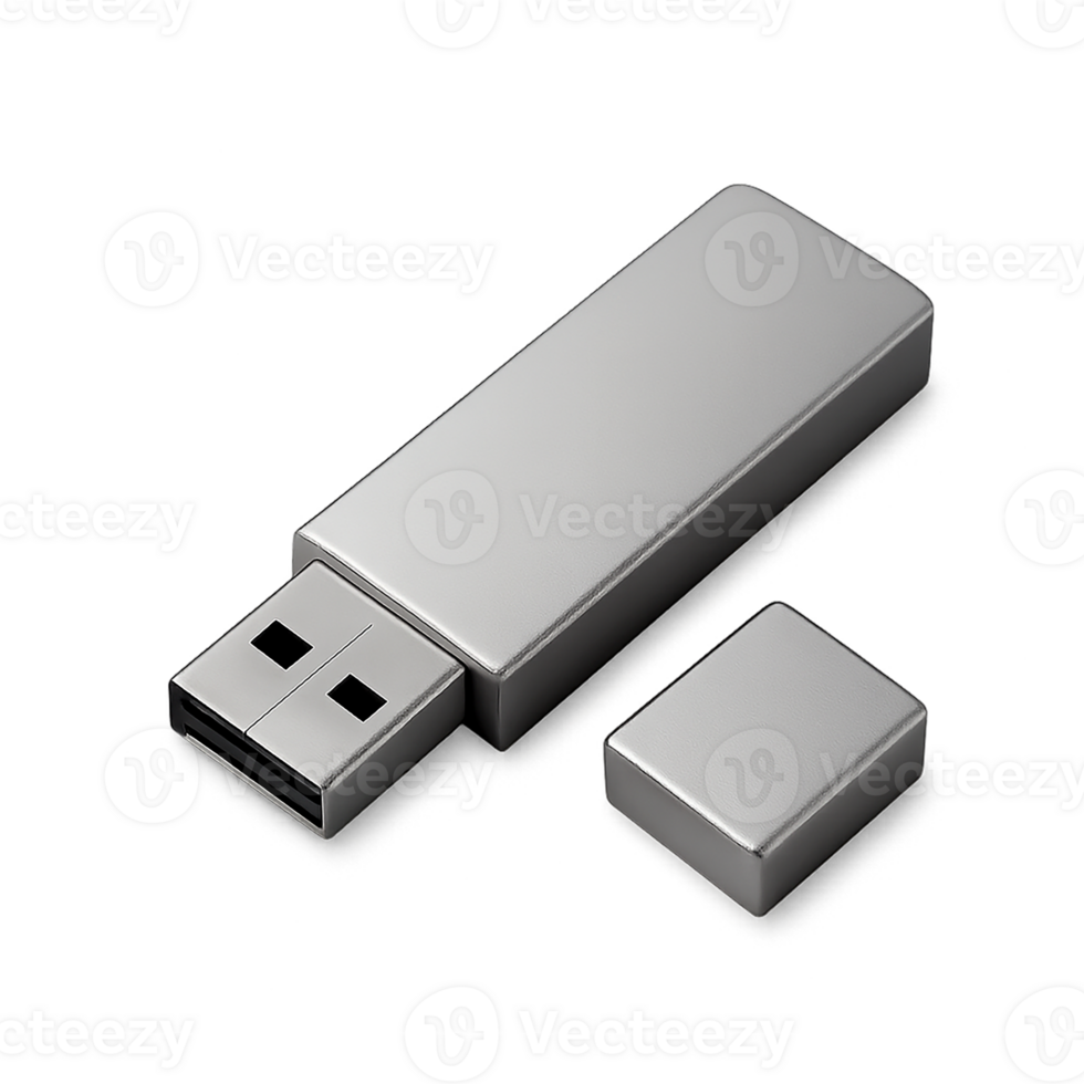 Metallic USB flash drive with cap isolated on transparent background, data storage tech accessory png
