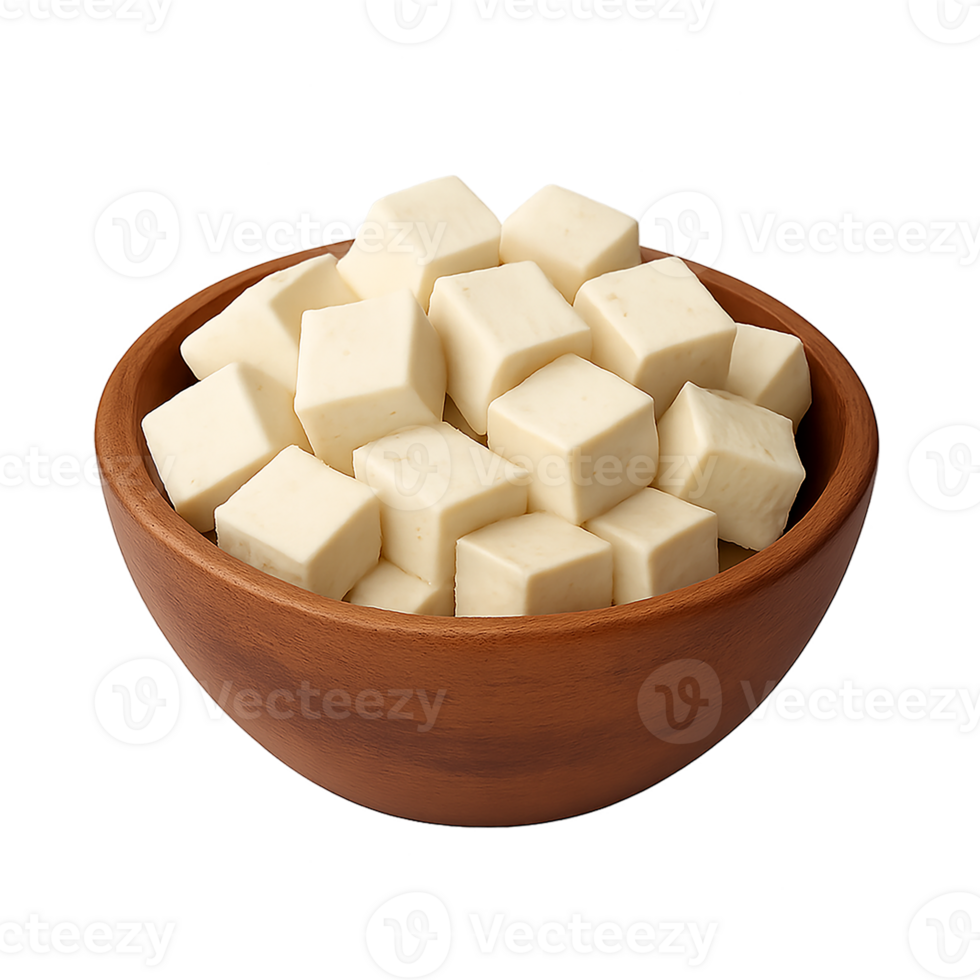 Cubes of tofu in brown bowl on transparent background, healthy vegan protein source png