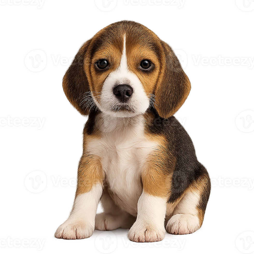 Cute beagle puppy sitting isolated on transparent background, adorable young dog for pet-related content png
