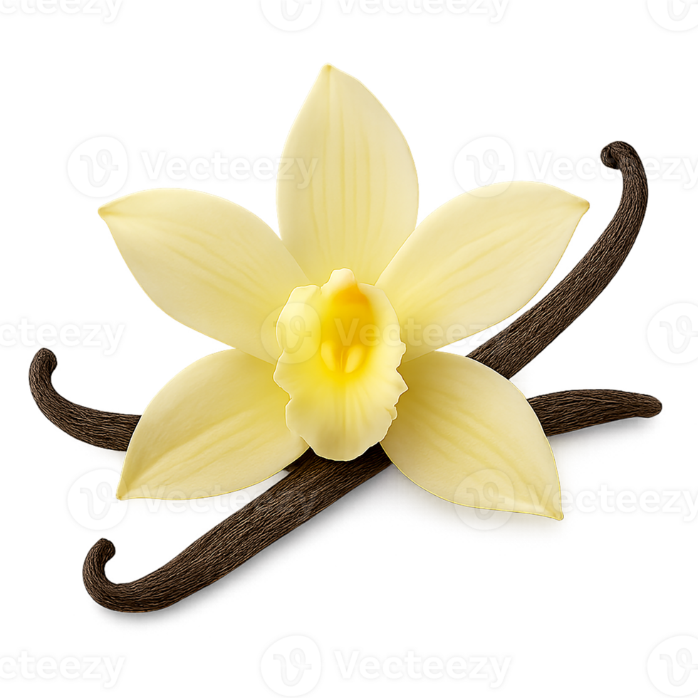 Vanilla flower with bean pods isolated on transparent background, natural flavor and aromatic spice png