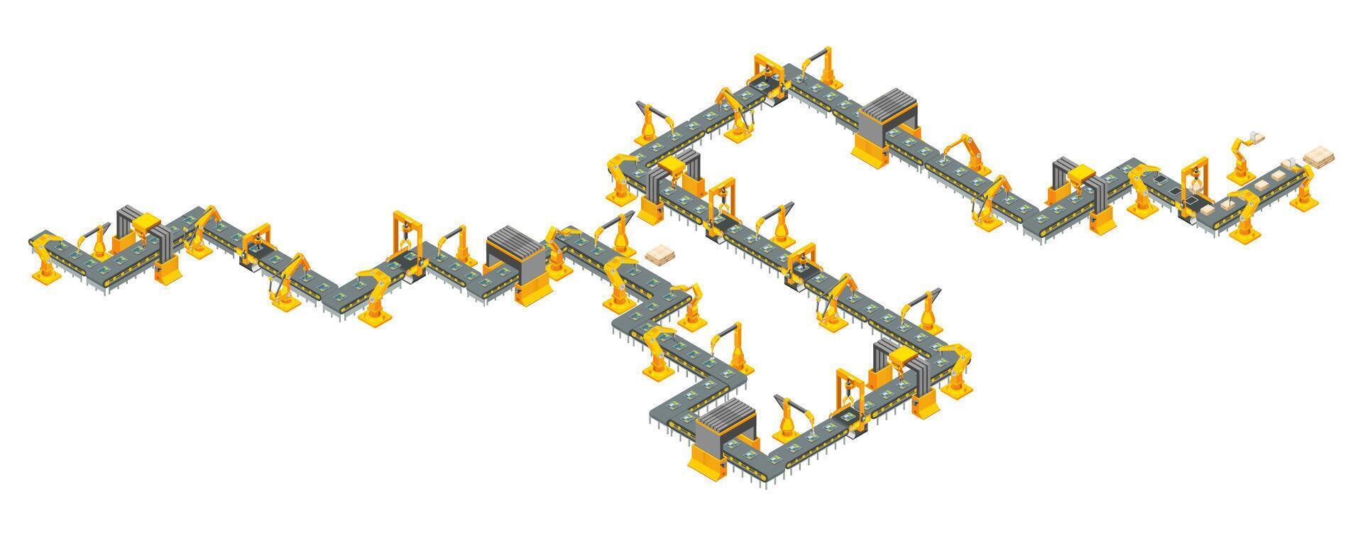 Automated assembly line with robotic arms. Factory with conveyor. Illustration vector