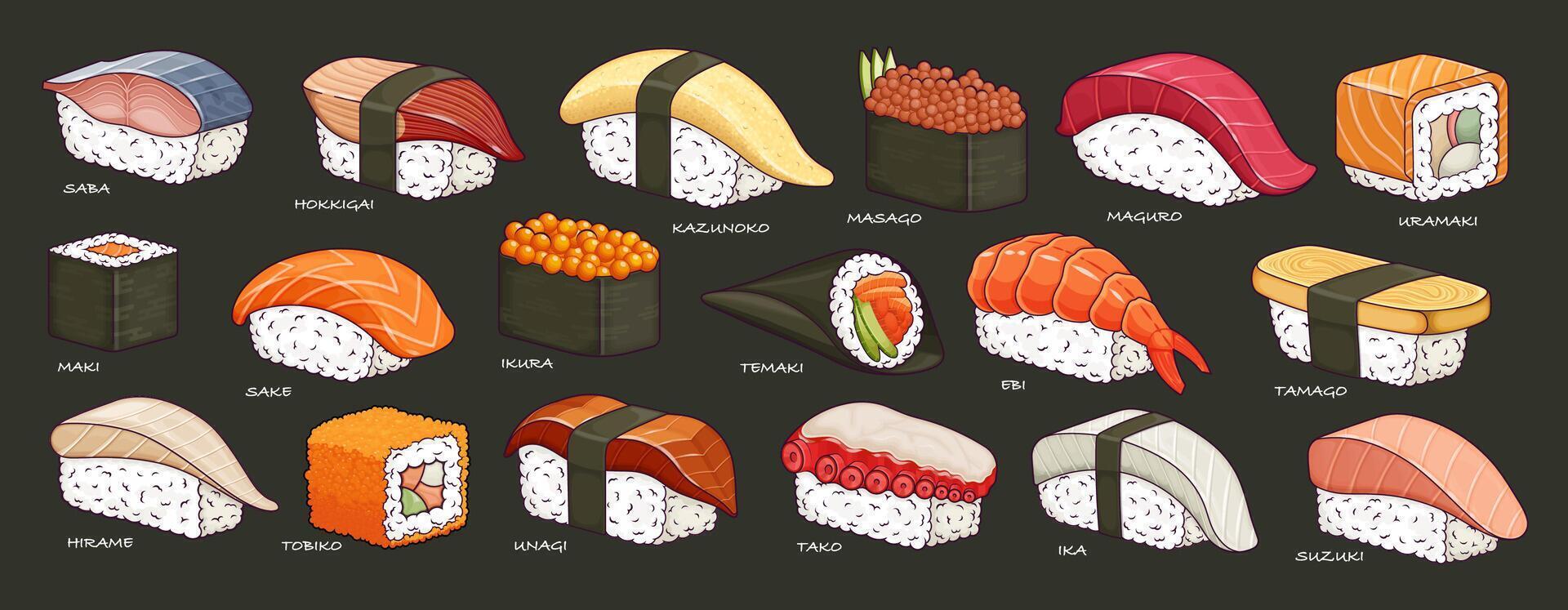 Sushi set illustration. Traditional Japanese food with nigiri, maki, uramaki, and temaki rolls. Seafood with rice, tuna, salmon, and nori. vector