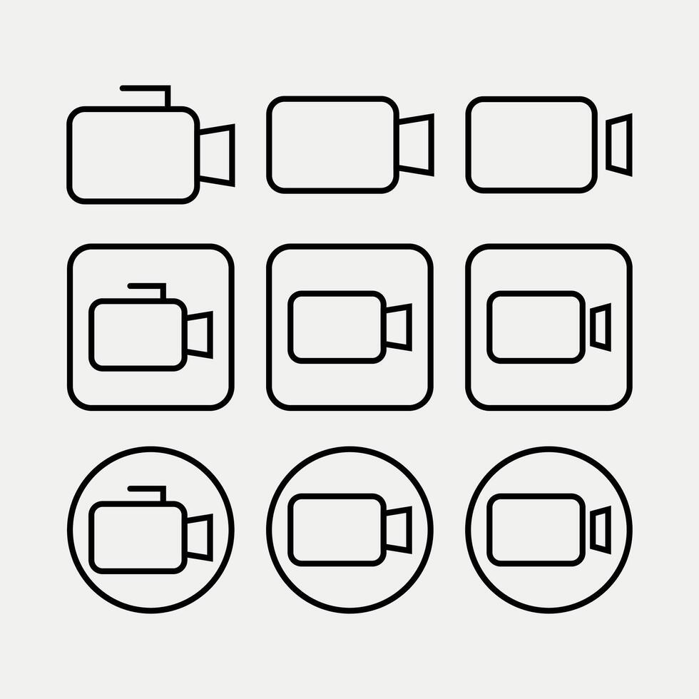 A set of nine minimalist outline camera icons in various styles standalone, in squares, and circles, Ideal for web, Clean, modern, and versatile symbols for recording content vector