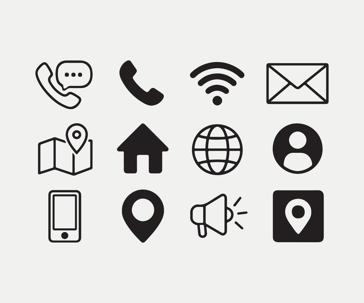 A collection of icons for various apps and services, including a phone, a map, a house, a globe, a microphone, a speaker, and an envelope vector