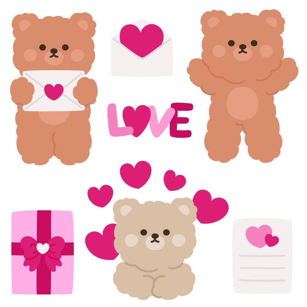 Valentine's Day Bear Stickers with Letters, Hearts, and Gift Boxes vector