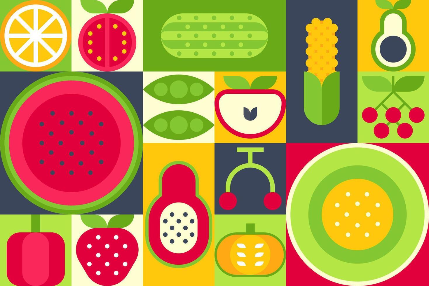 Bauhaus Inspired Fruit Pattern Illustration with Geometric Shapes vector