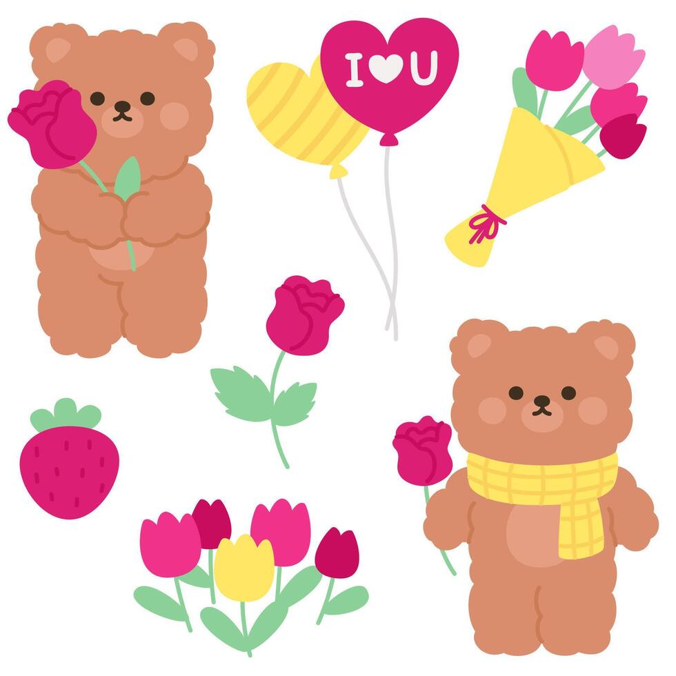 Valentine's Day Bear Stickers with Flowers and Balloons vector