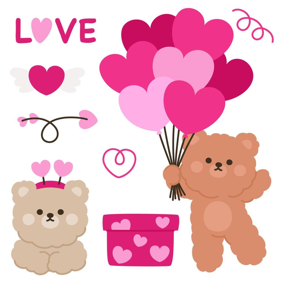 Valentine's Day Bear Stickers with Heart Balloons and Love Icons vector
