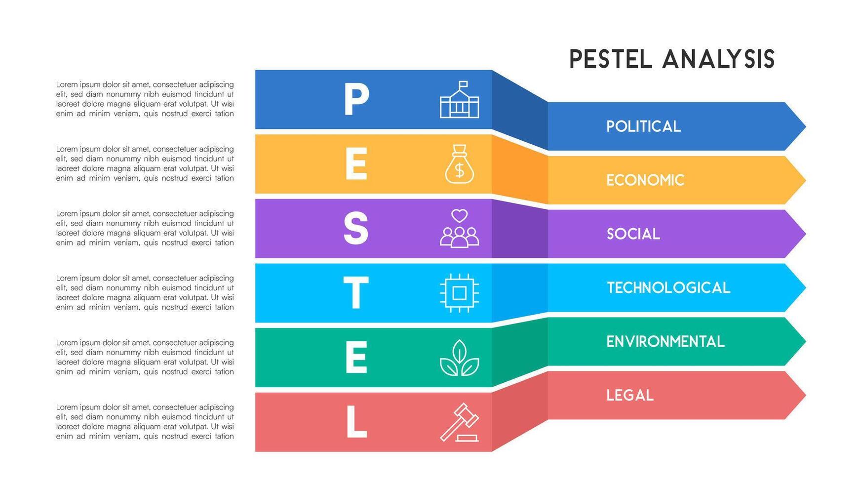 Professional PESTEL Analysis Infographic with Multi-Layered Chevron Blocks and Text Highlights vector