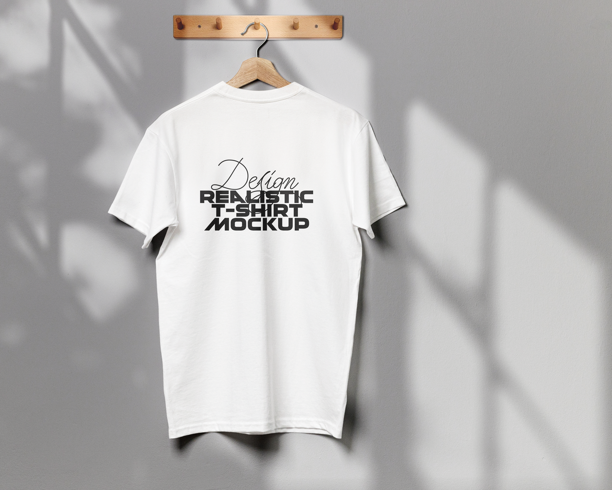 Realistic White TShirt Mockup Back View Hanging on Wooden Hanger psd
