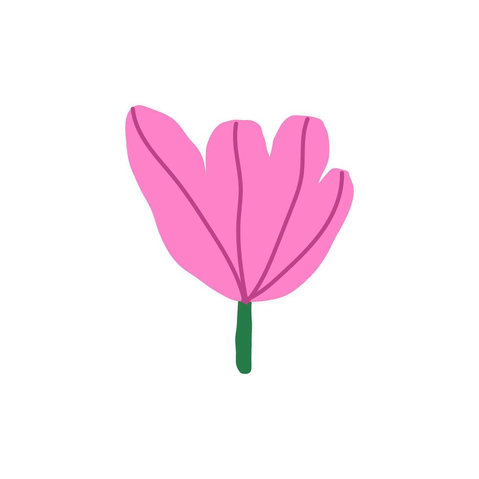 bright pink flat flower with purple veins and green stem, ideal for kids graphics, wall art, and fun spring design vector