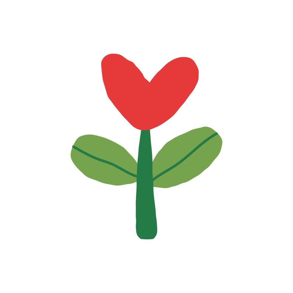 flat illustration of a red tulip-like flower in heart shape with green leaf base, stylized for seasonal kids artwork and floral icons vector