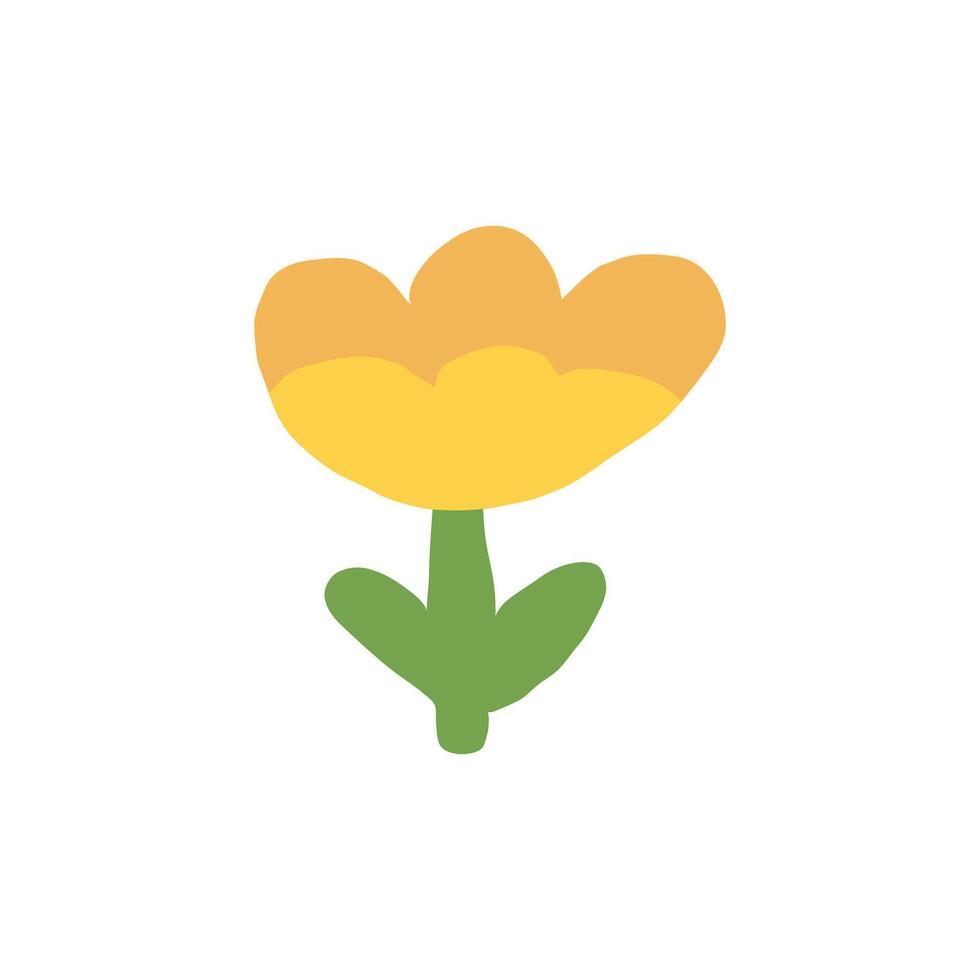 sunny cartoon flower with orange top petals and wide yellow base, minimal green stem design for playful kids art and seasonal decor vector