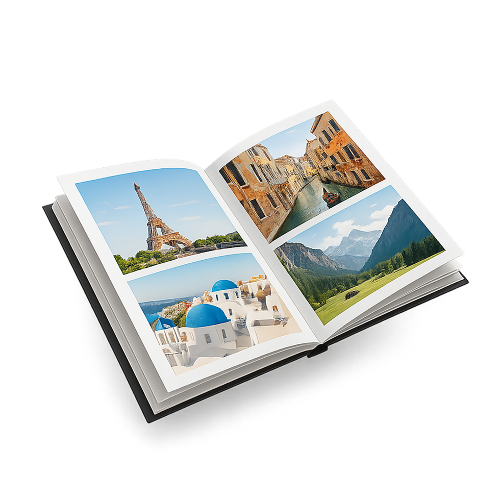 Open travel photo album isolated on transparent background png