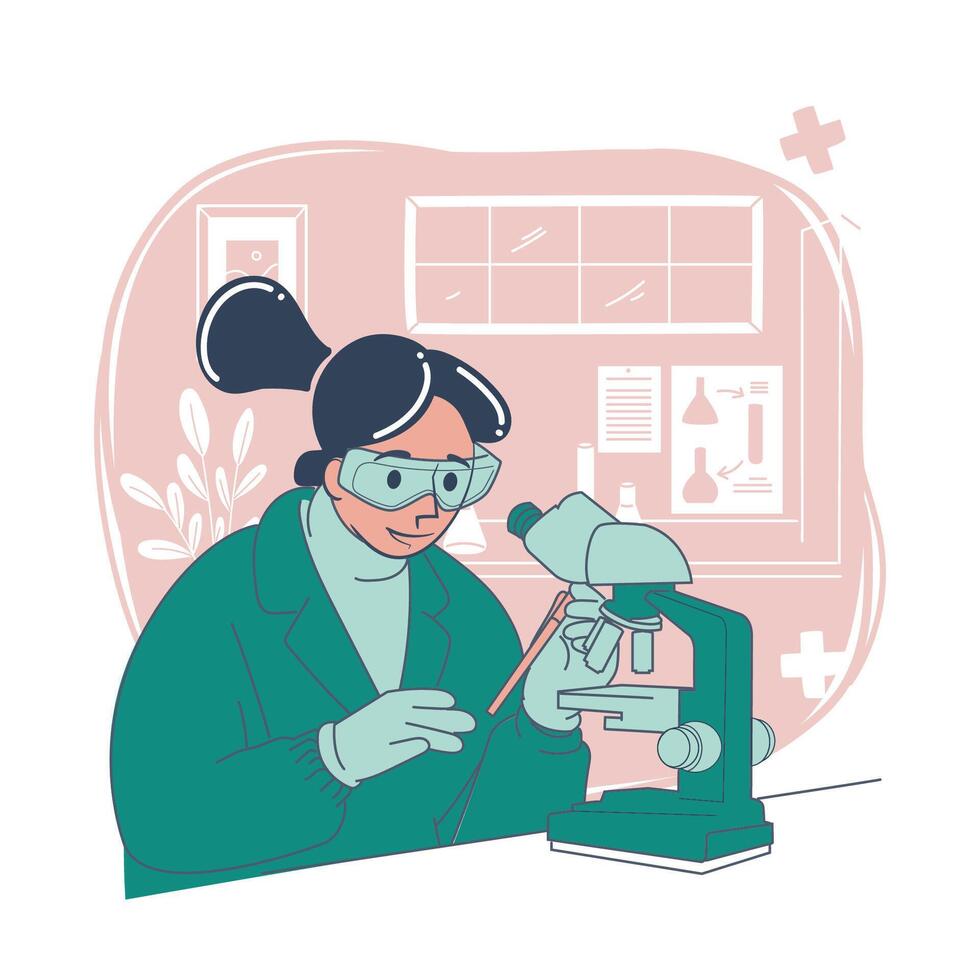 Female Scientist Using Microscope in Laboratory Illustration vector