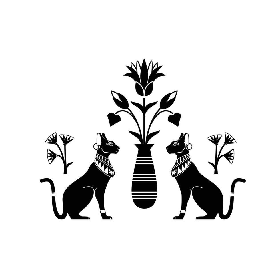 Hieroglyph silhouettes of ancient Egyptian god animals, sphynx cat guarding the soul and lotus vector