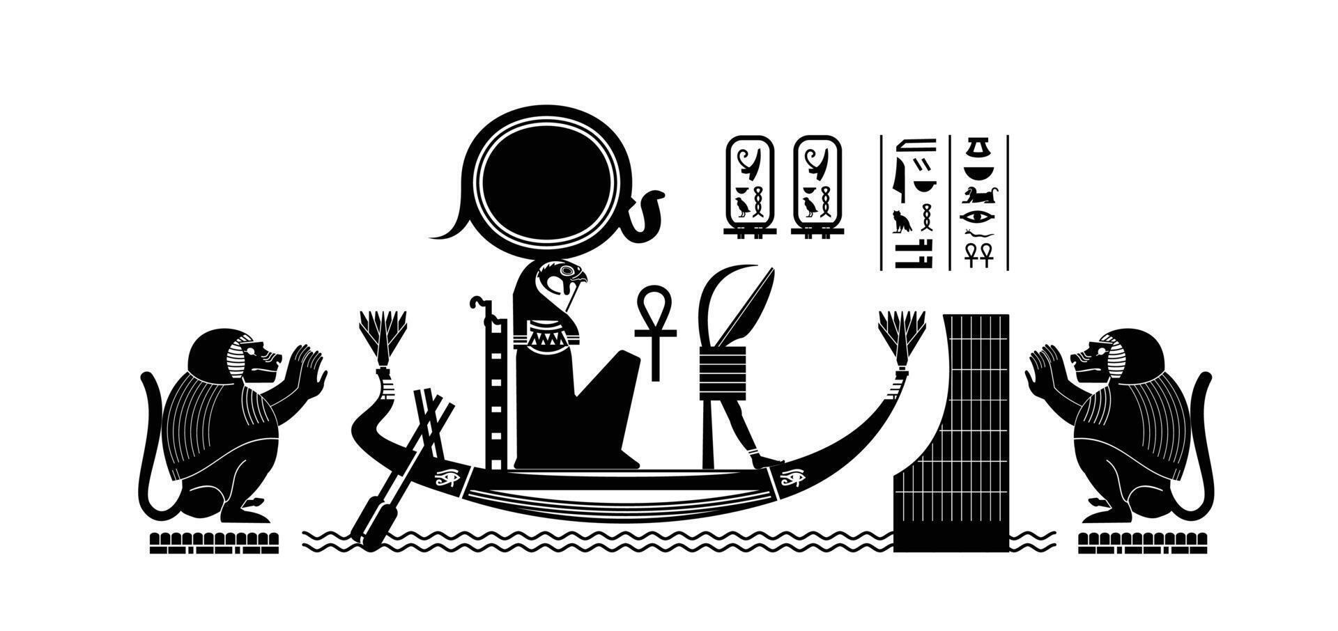 Egyptian herioglyphs with the story of the gods of the Habu Temple, the journey of Horus in the boat in silhouette. Valley of the Nobles and the Village of Craftsmen vector