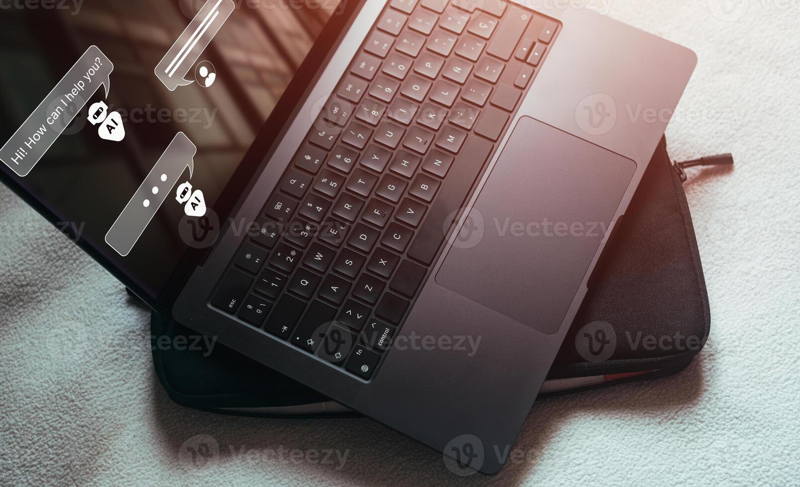 Laptop screen with chatbot on it. Robot application for conversation assist. AI Artificial Intelligence concept. photo